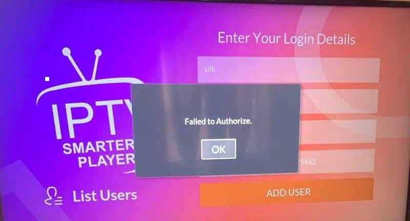 failed to authorize iptv smarters2 1